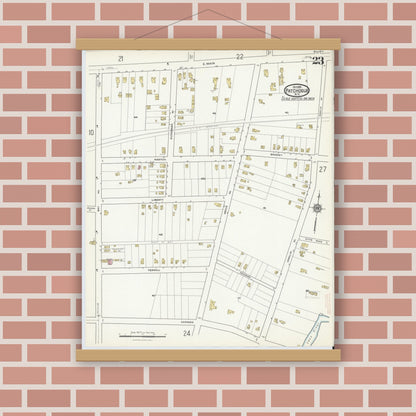 Old map wall art mockup — magnetic wood frame on brick wall — Sanborn Fire Insurance Map from Patchogue, Suffolk County, New York (1916), Sheet #0023