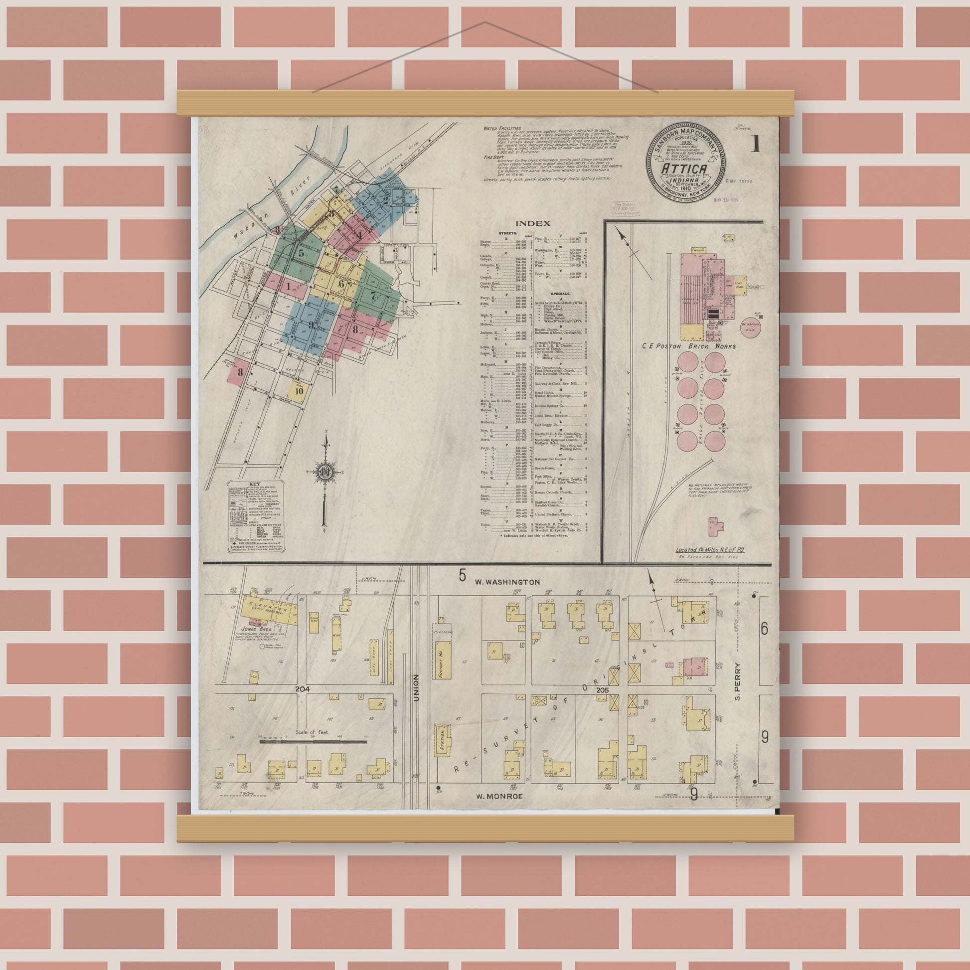 Old map wall art mockup — magnetic wood frame on brick wall — Sanborn Fire Insurance Map from Attica, Fountain County, Indiana (1910), Sheet #0001