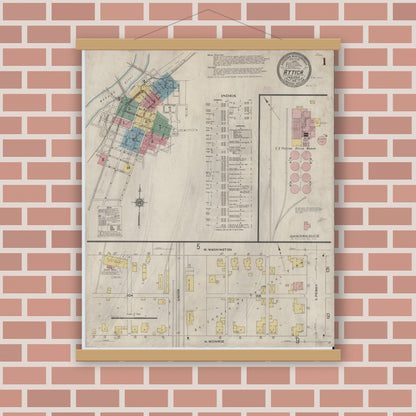 Old map wall art mockup — magnetic wood frame on brick wall — Sanborn Fire Insurance Map from Attica, Fountain County, Indiana (1910), Sheet #0001