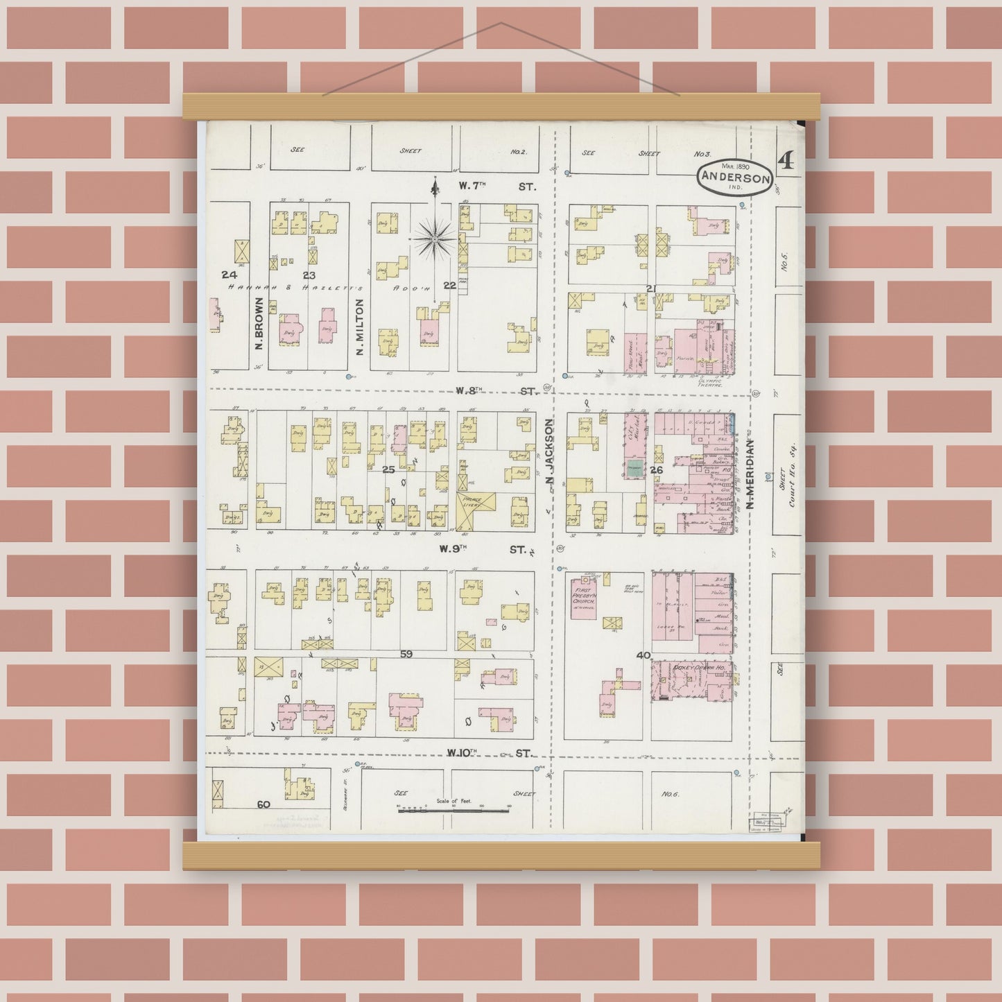 Old map wall art mockup — magnetic wood frame on brick wall — Sanborn Fire Insurance Map from Anderson, Madison County, Indiana (1890), Sheet #0004