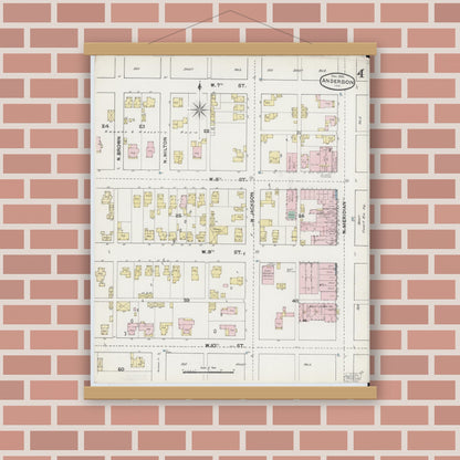 Old map wall art mockup — magnetic wood frame on brick wall — Sanborn Fire Insurance Map from Anderson, Madison County, Indiana (1890), Sheet #0004