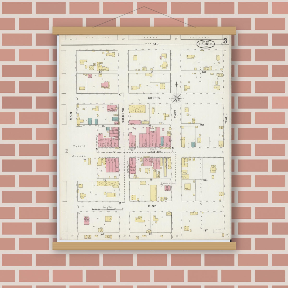 Old map wall art mockup — magnetic wood frame on brick wall — Sanborn Fire Insurance Map from Leroy, McLean County, Illinois (1893), Sheet #0003