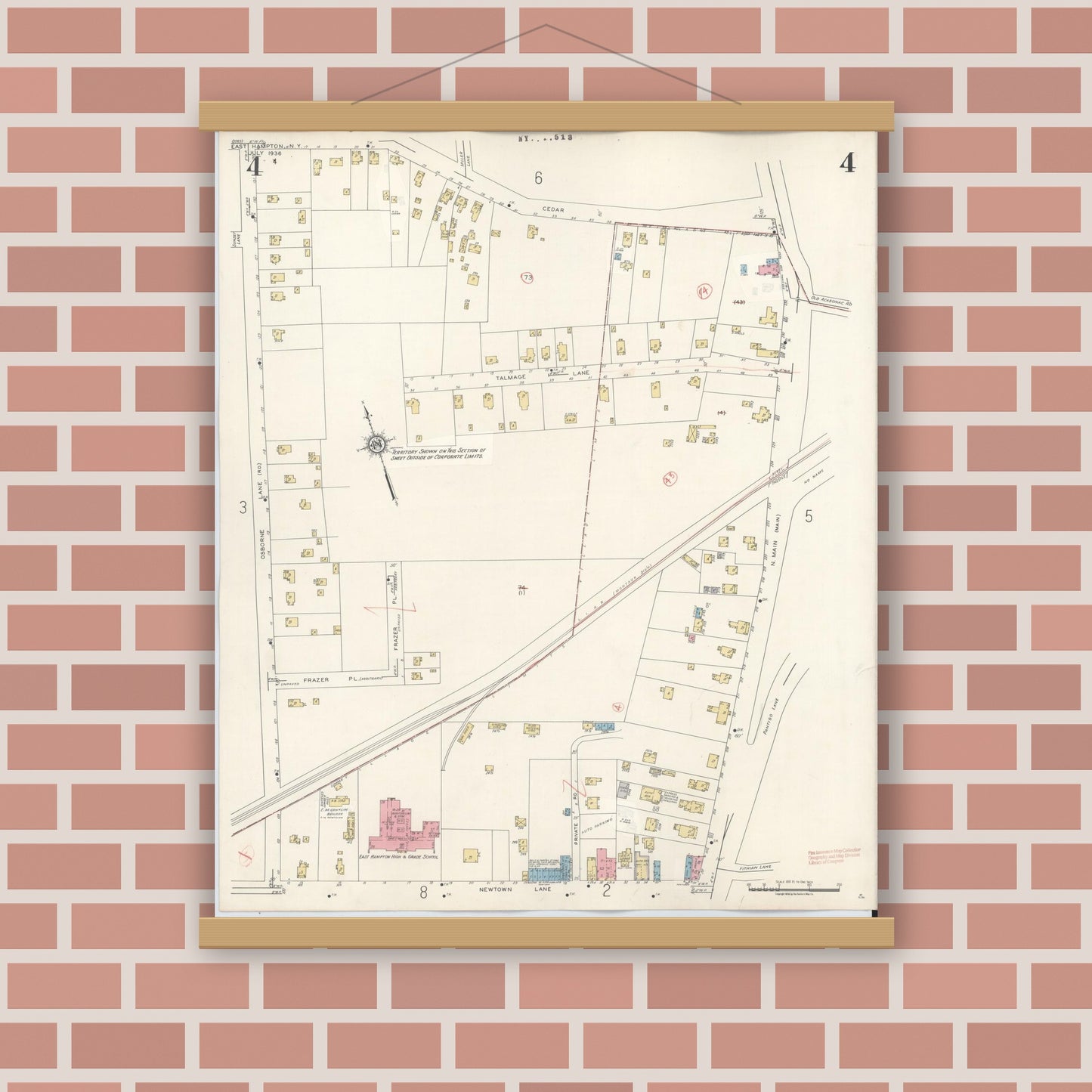 Old map wall art mockup — magnetic wood frame on brick wall — Sanborn Fire Insurance Map from Easthampton, Suffolk County, New York (1943), Sheet #0004