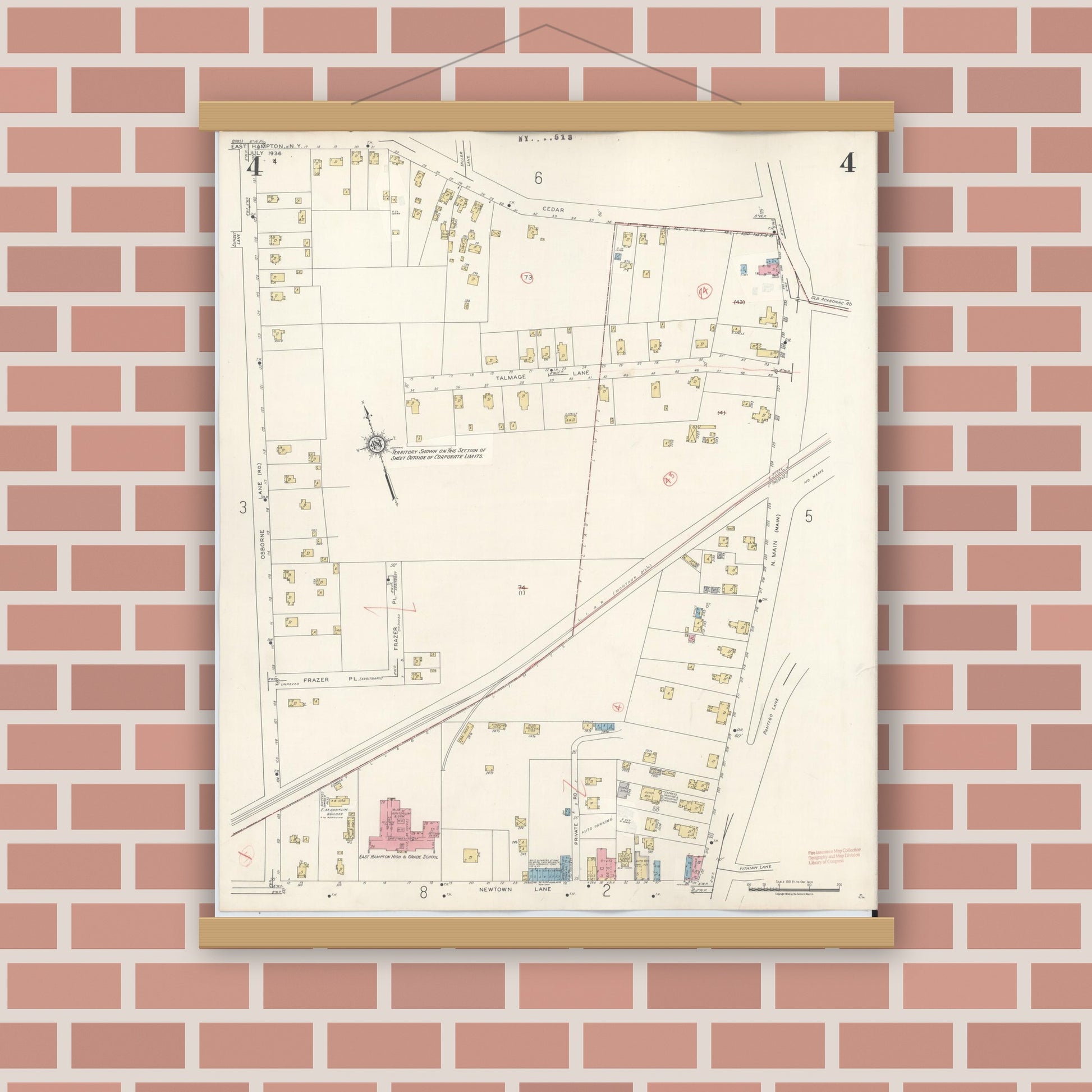 Old map wall art mockup — magnetic wood frame on brick wall — Sanborn Fire Insurance Map from Easthampton, Suffolk County, New York (1943), Sheet #0004