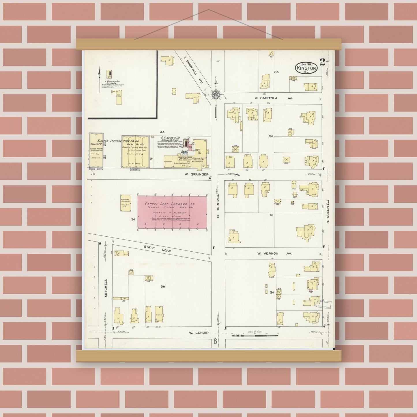 Old map wall art mockup — magnetic wood frame on brick wall — Sanborn Fire Insurance Map from Kinston, Lenoir County, North Carolina (1914), Sheet #0002