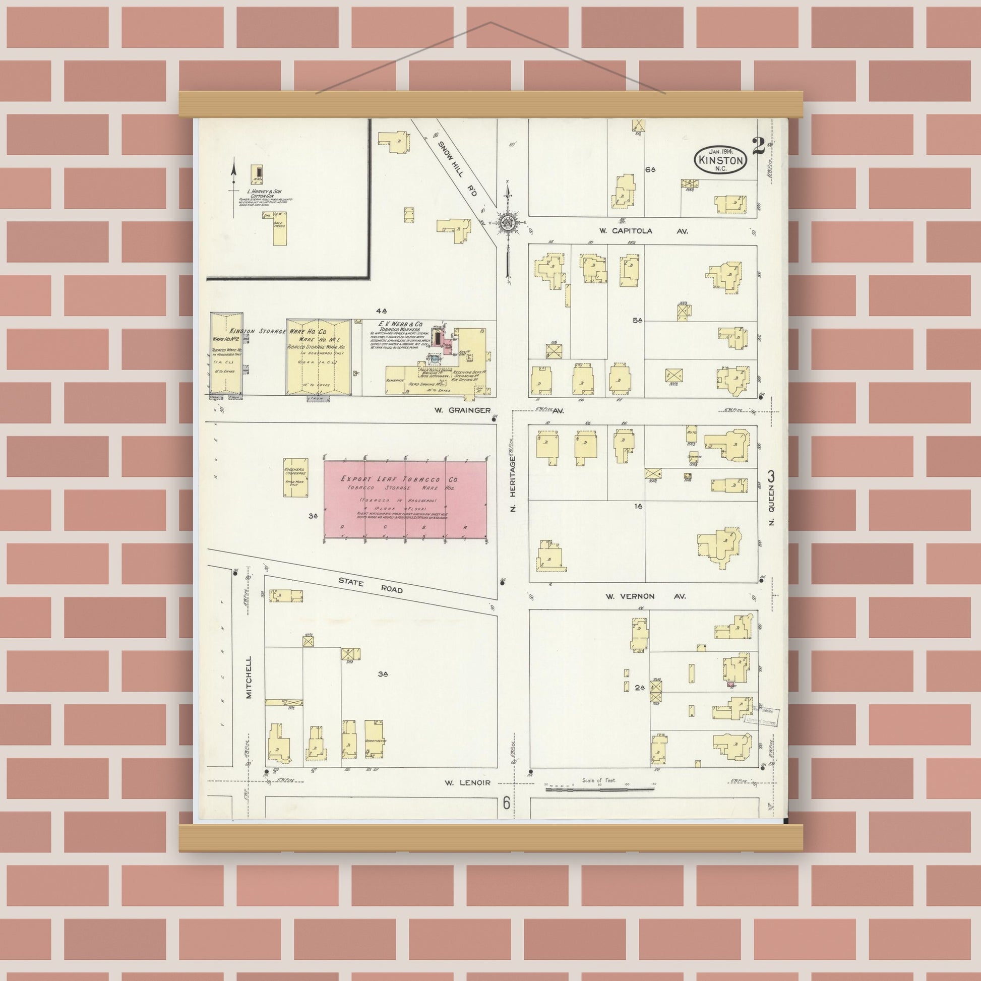 Old map wall art mockup — magnetic wood frame on brick wall — Sanborn Fire Insurance Map from Kinston, Lenoir County, North Carolina (1914), Sheet #0002
