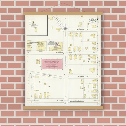 Old map wall art mockup — magnetic wood frame on brick wall — Sanborn Fire Insurance Map from Kinston, Lenoir County, North Carolina (1914), Sheet #0002