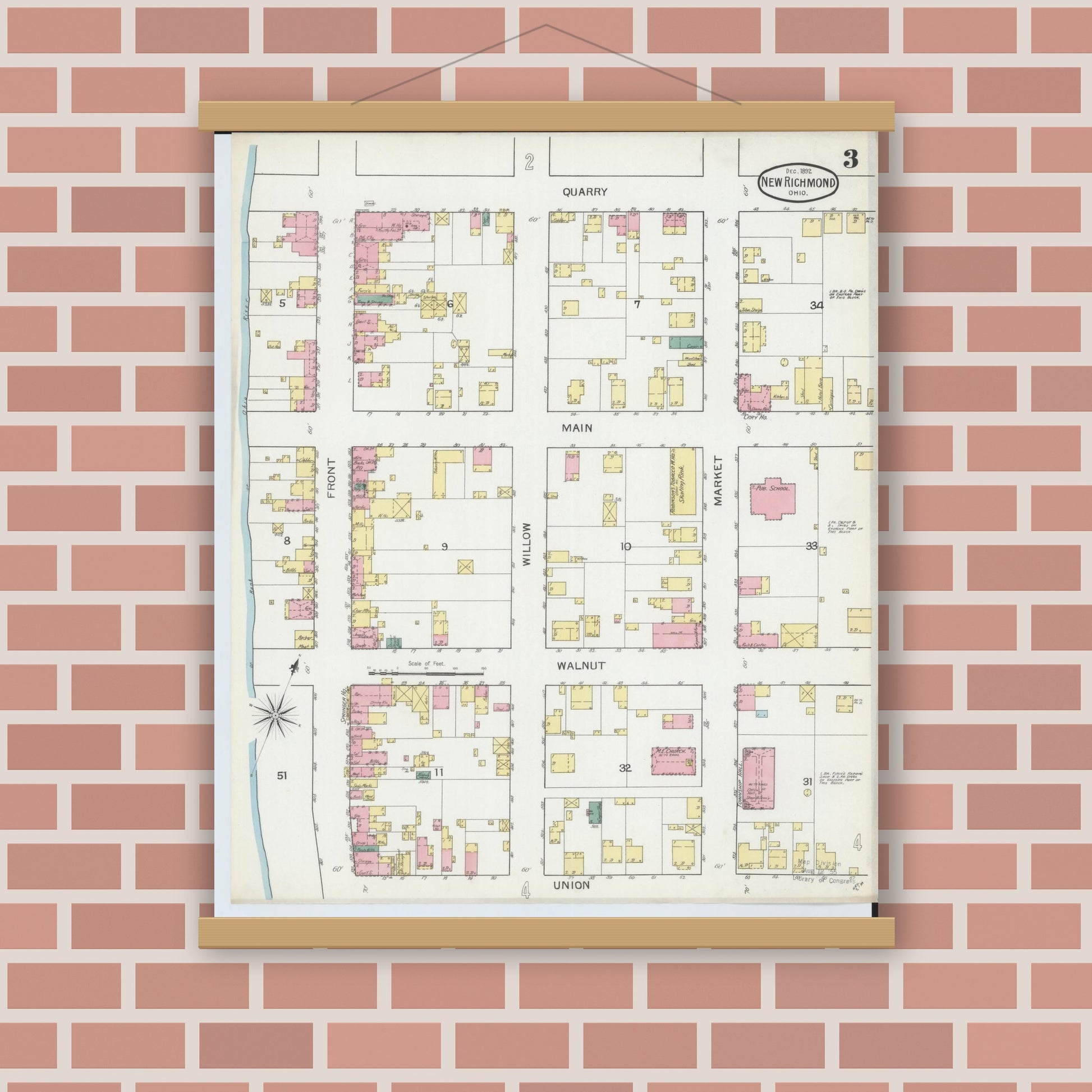 Old map wall art mockup — magnetic wood frame on brick wall — Sanborn Fire Insurance Map from New Richmond, Clermont County, Ohio (1892), Sheet #0003