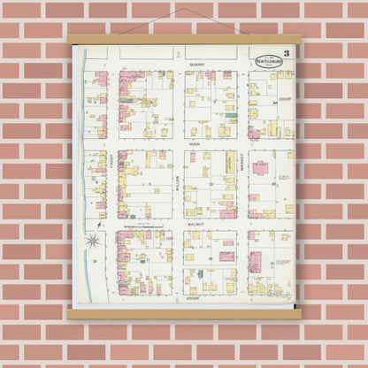 Old map wall art mockup — magnetic wood frame on brick wall — Sanborn Fire Insurance Map from New Richmond, Clermont County, Ohio (1892), Sheet #0003