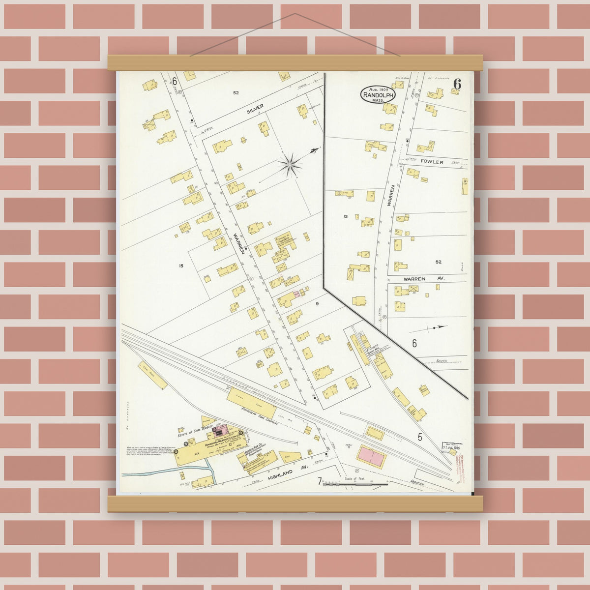 Old map wall art mockup — magnetic wood frame on brick wall — Sanborn Fire Insurance Map from Randolph, Norfolk County, Massachusetts (1909), Sheet #0006
