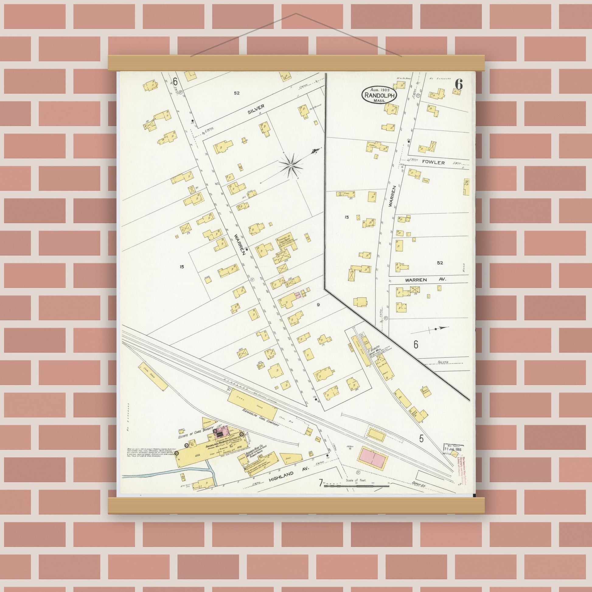 Old map wall art mockup — magnetic wood frame on brick wall — Sanborn Fire Insurance Map from Randolph, Norfolk County, Massachusetts (1909), Sheet #0006