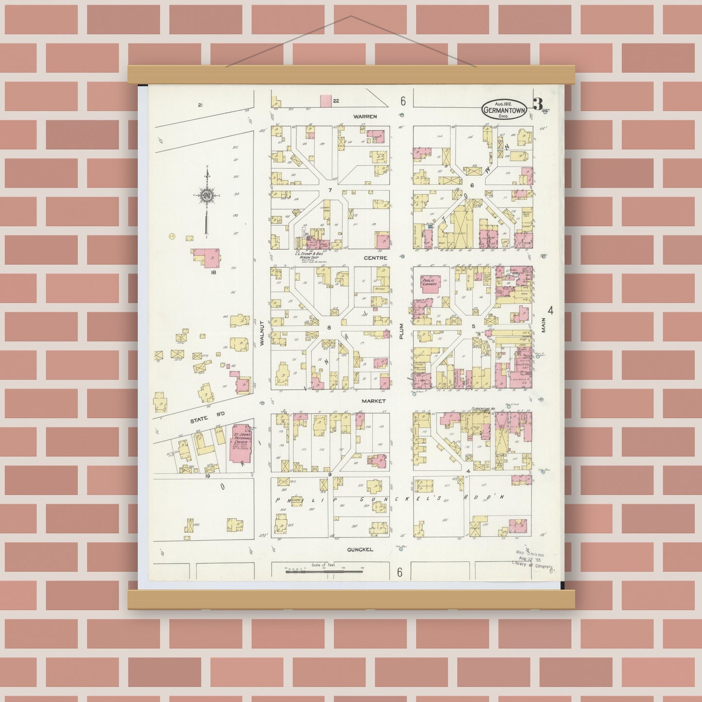 Old map wall art mockup — magnetic wood frame on brick wall — Sanborn Fire Insurance Map from Germantown, Montgomery County, Ohio (1912), Sheet #0003