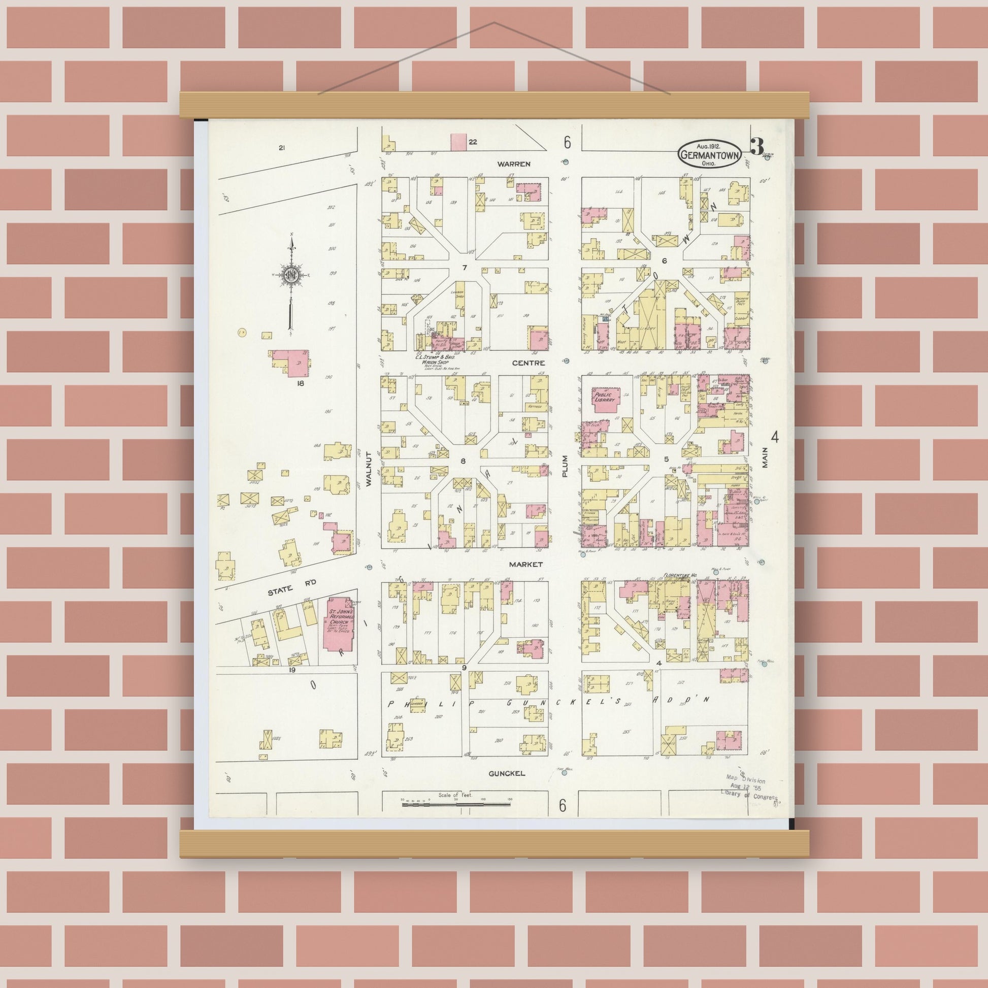 Old map wall art mockup — magnetic wood frame on brick wall — Sanborn Fire Insurance Map from Germantown, Montgomery County, Ohio (1912), Sheet #0003