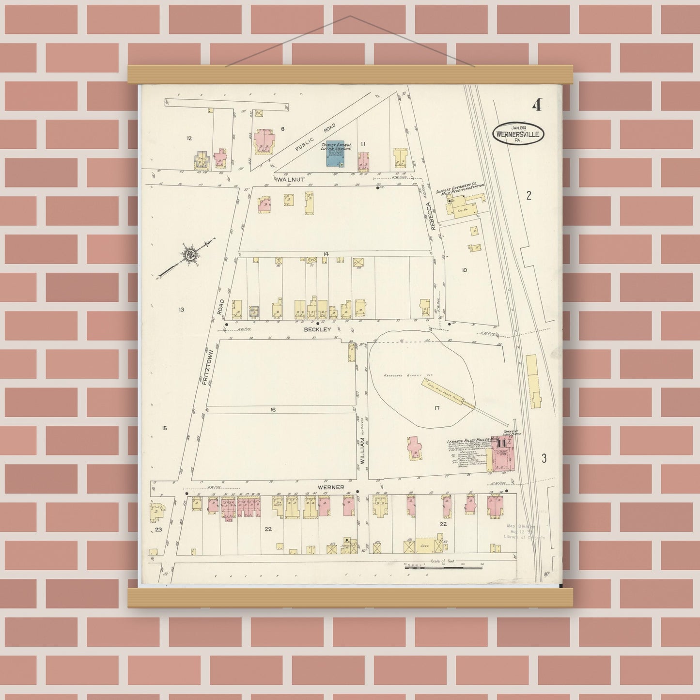 Old map wall art mockup — magnetic wood frame on brick wall — Sanborn Fire Insurance Map from Wernersville, Berks County, Pennsylvania (1914), Sheet #0004