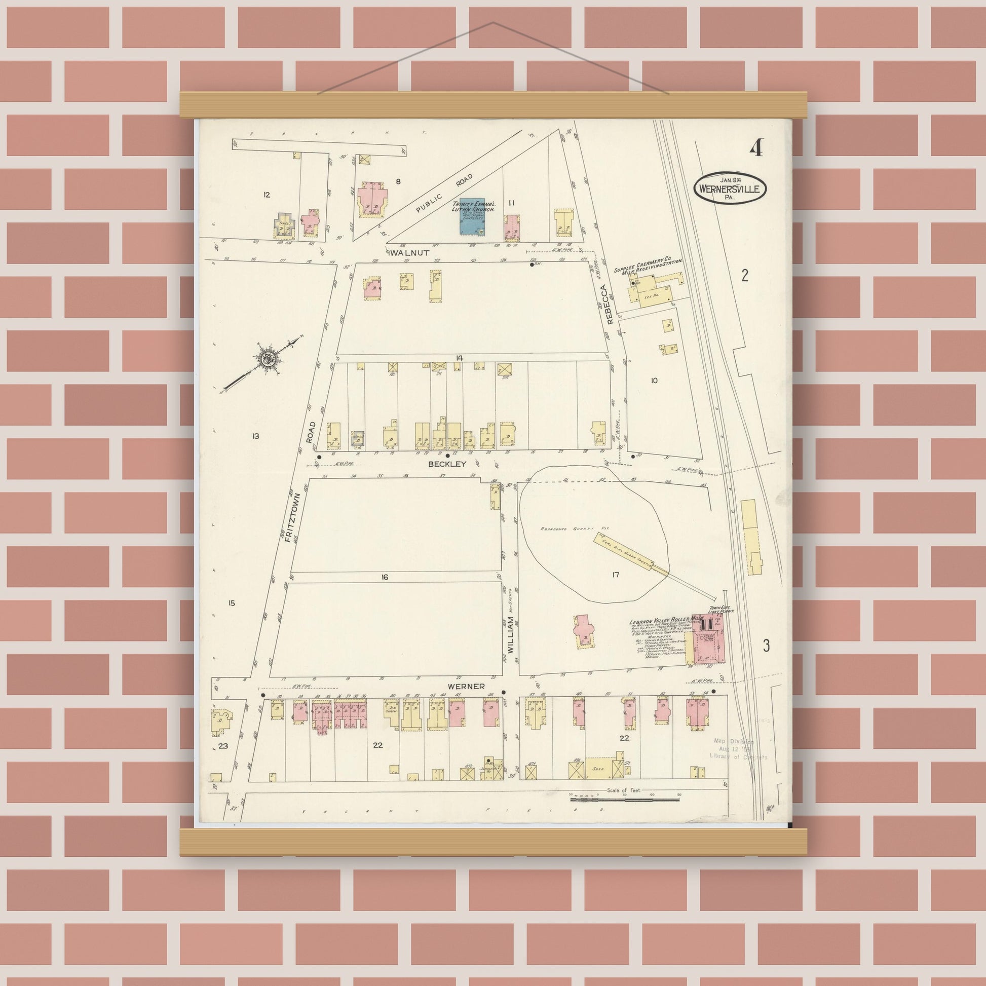 Old map wall art mockup — magnetic wood frame on brick wall — Sanborn Fire Insurance Map from Wernersville, Berks County, Pennsylvania (1914), Sheet #0004