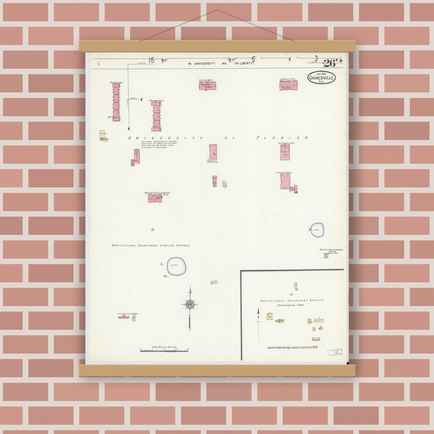 Old map wall art mockup — magnetic wood frame on brick wall — Sanborn Fire Insurance Map from Gainesville, Alachua County, Florida (1913), Sheet #0026