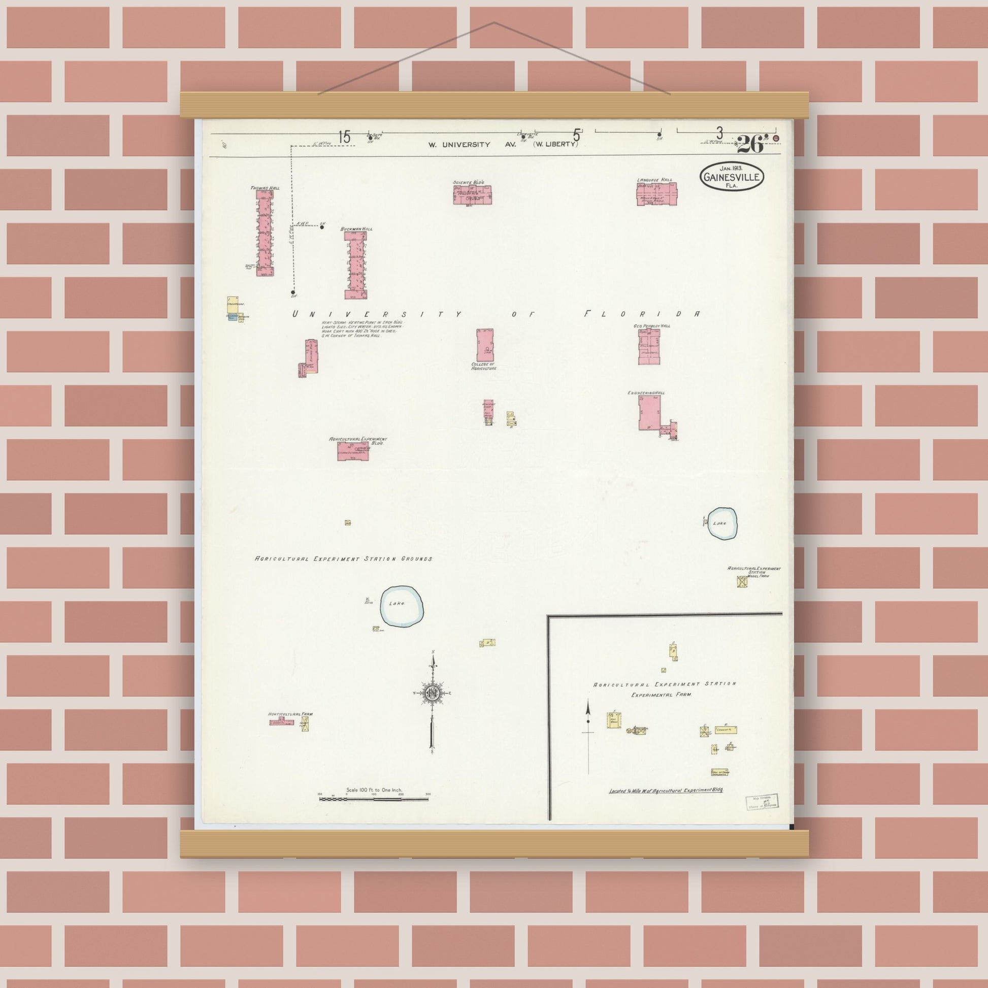Old map wall art mockup — magnetic wood frame on brick wall — Sanborn Fire Insurance Map from Gainesville, Alachua County, Florida (1913), Sheet #0026