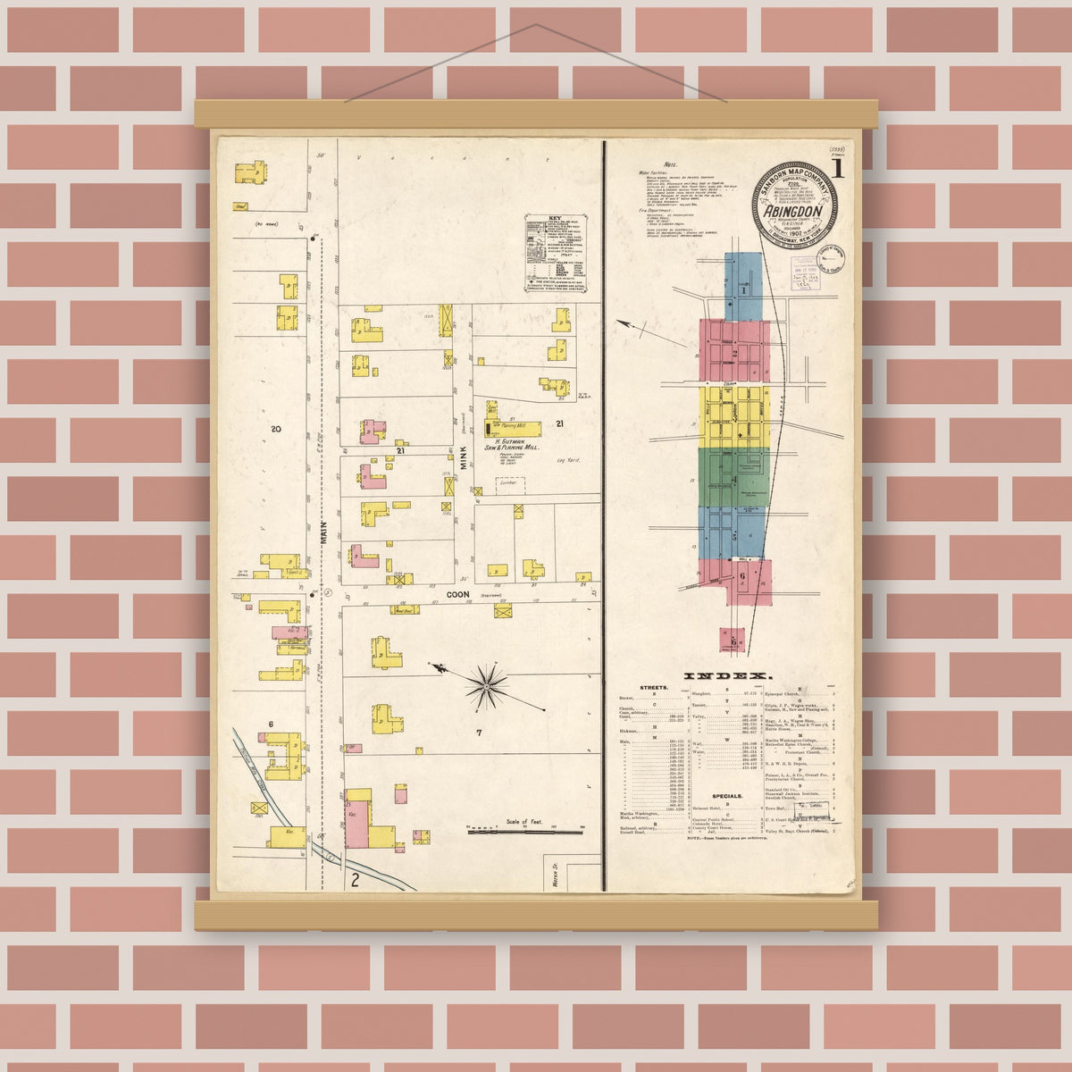 Old map wall art mockup — magnetic wood frame on brick wall — Sanborn Fire Insurance Map from Abingdon, Washington County, Virginia (1902), Sheet #0001
