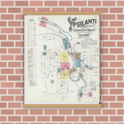 Old map wall art mockup — magnetic wood frame on brick wall — Sanborn Fire Insurance Map from Ypsilanti, Washtenaw County, Michigan (1893) - Complete Map Set