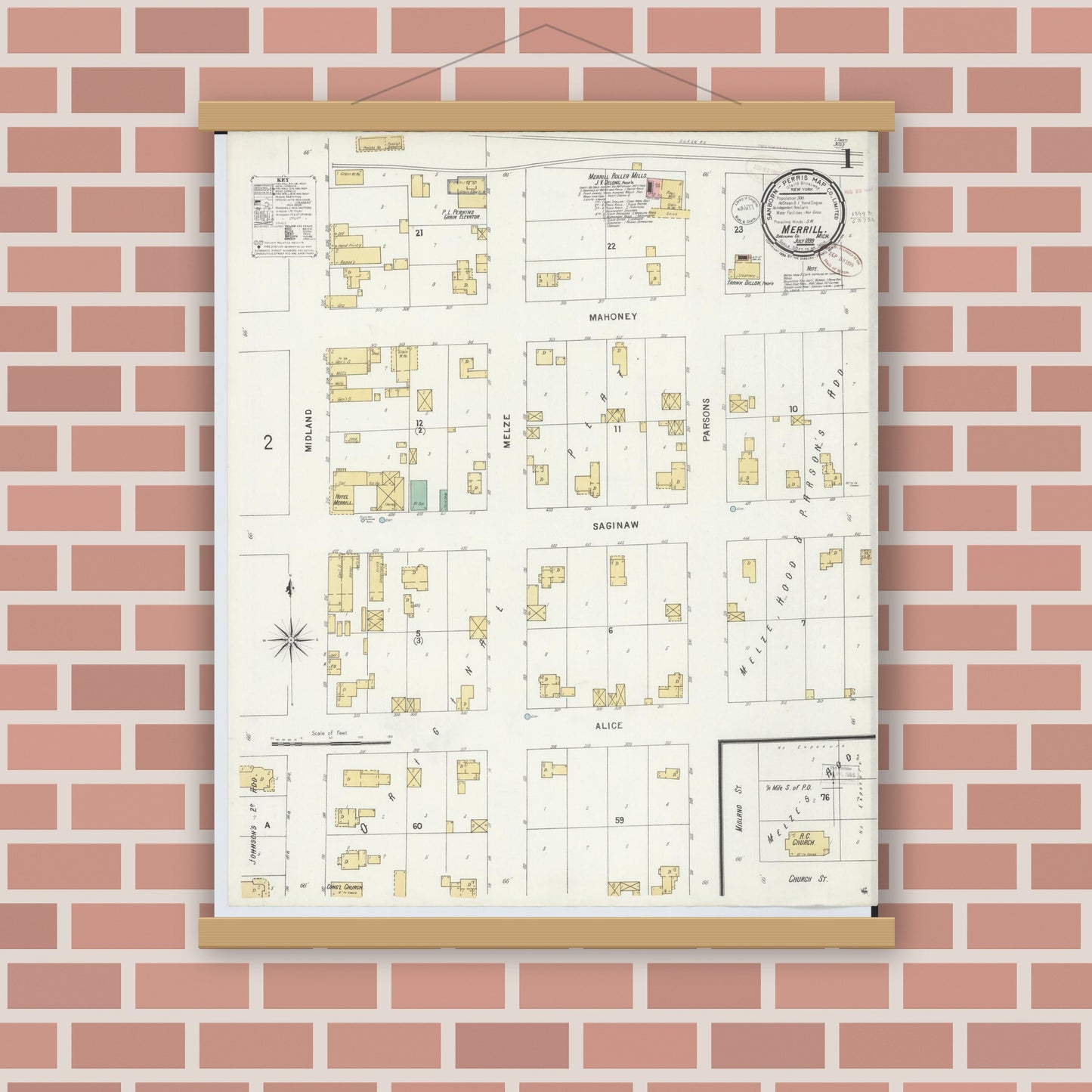 Old map wall art mockup — magnetic wood frame on brick wall — Sanborn Fire Insurance Map from Merrill, Saginaw County, Michigan (1899) - Complete Map Set