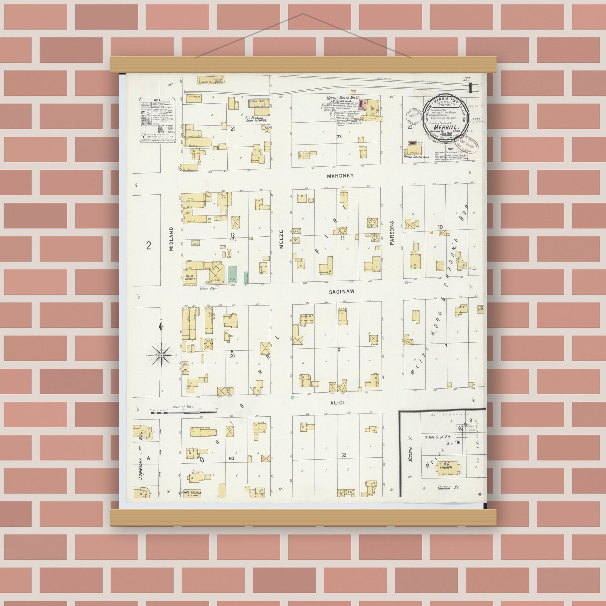 Old map wall art mockup — magnetic wood frame on brick wall — Sanborn Fire Insurance Map from Merrill, Saginaw County, Michigan (1899) - Complete Map Set
