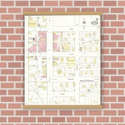 Old map wall art mockup — magnetic wood frame on brick wall — Sanborn Fire Insurance Map from Malvern, Mills County, Iowa (1914), Sheet #0003