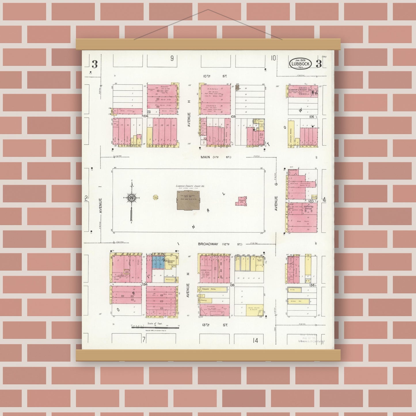 Old map wall art mockup — magnetic wood frame on brick wall — Sanborn Fire Insurance Map from Lubbock, Lubbock County, Texas (1926), Sheet #0003