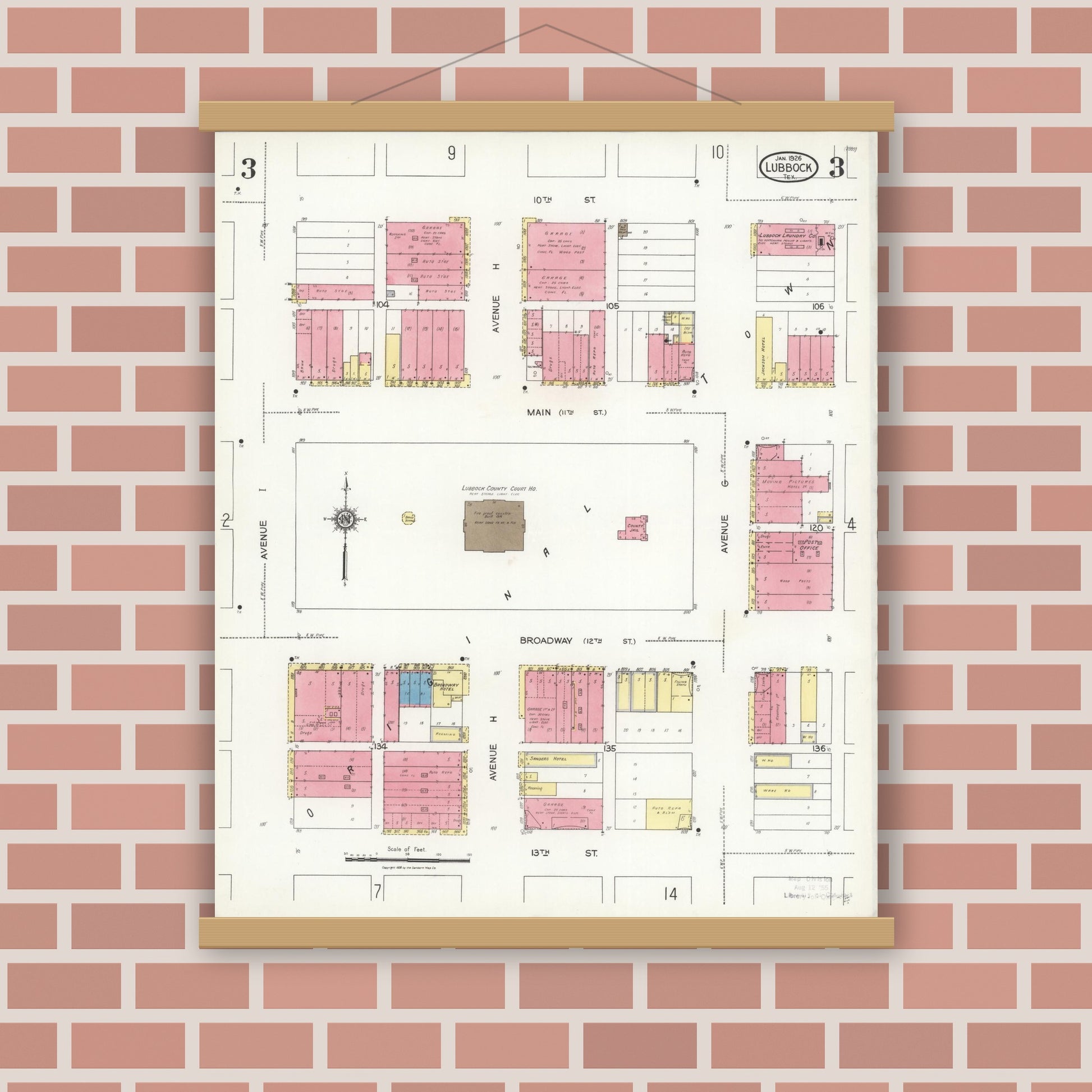 Old map wall art mockup — magnetic wood frame on brick wall — Sanborn Fire Insurance Map from Lubbock, Lubbock County, Texas (1926), Sheet #0003