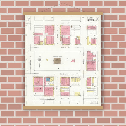 Old map wall art mockup — magnetic wood frame on brick wall — Sanborn Fire Insurance Map from Lubbock, Lubbock County, Texas (1926), Sheet #0003