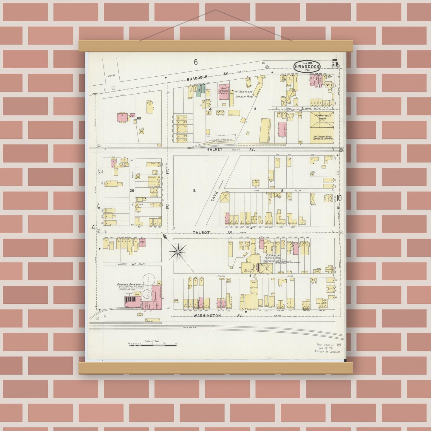 Old map wall art mockup — magnetic wood frame on brick wall — Sanborn Fire Insurance Map from Braddock, Allegheny County, Pennsylvania (1896), Sheet #0005