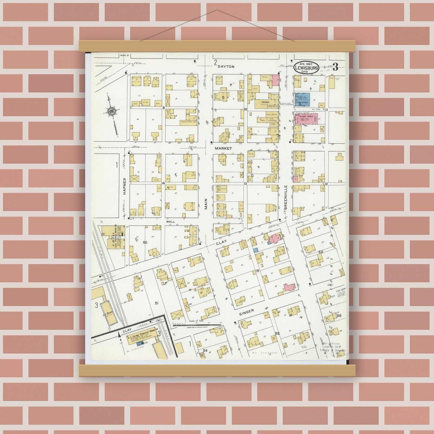 Old map wall art mockup — magnetic wood frame on brick wall — Sanborn Fire Insurance Map from Lewisburg, Preble County, Ohio (1920), Sheet #0003