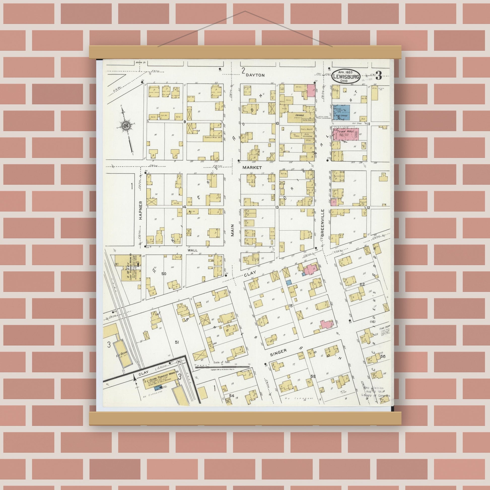 Old map wall art mockup — magnetic wood frame on brick wall — Sanborn Fire Insurance Map from Lewisburg, Preble County, Ohio (1920), Sheet #0003