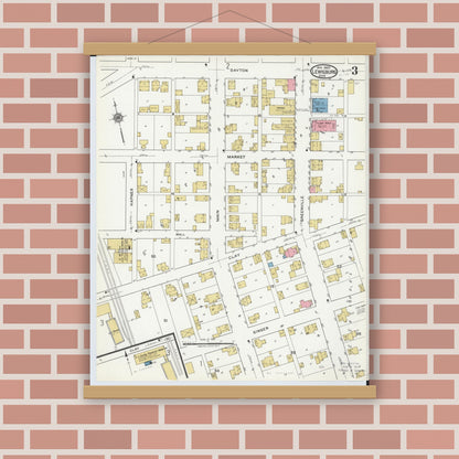 Old map wall art mockup — magnetic wood frame on brick wall — Sanborn Fire Insurance Map from Lewisburg, Preble County, Ohio (1920), Sheet #0003