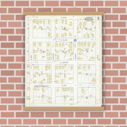 Old map wall art mockup — magnetic wood frame on brick wall — Sanborn Fire Insurance Map from Robinson, Crawford County, Illinois (1916), Sheet #0005