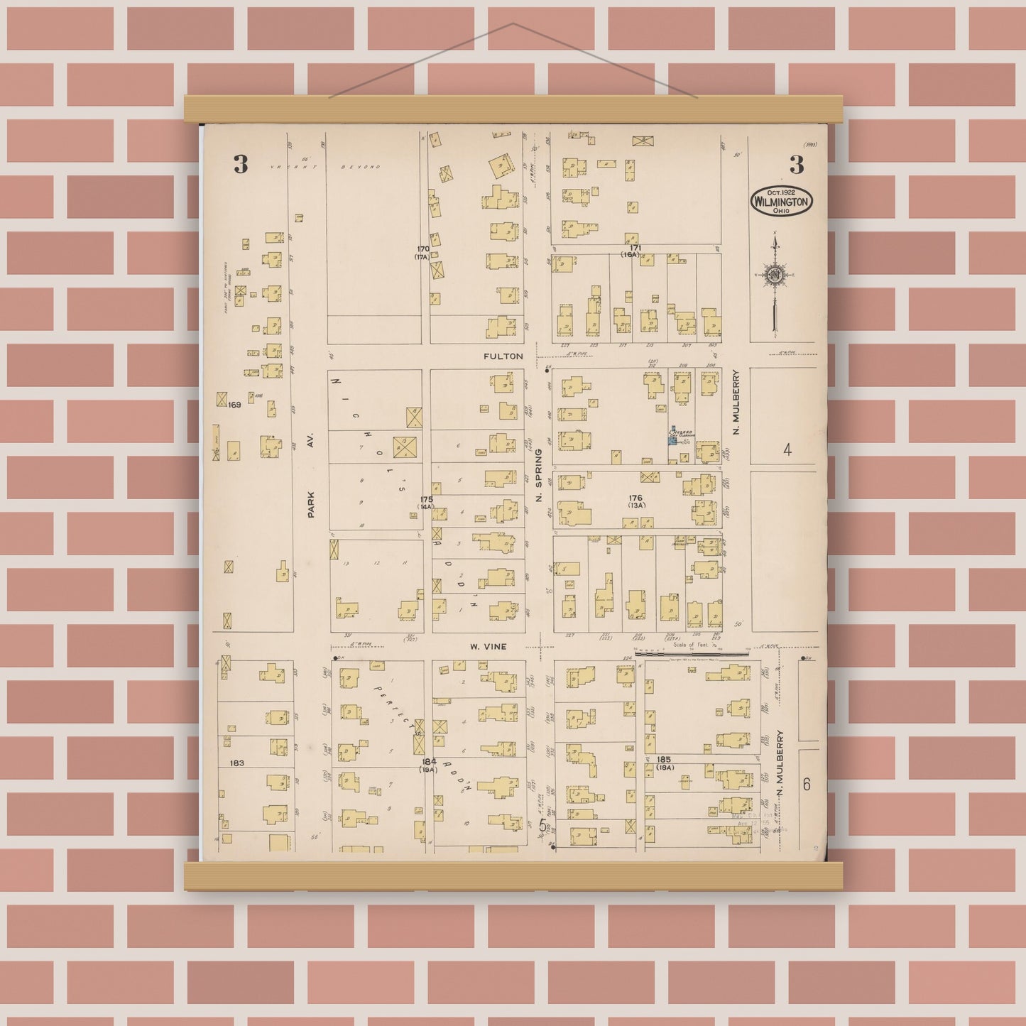 Old map wall art mockup — magnetic wood frame on brick wall — Sanborn Fire Insurance Map from Wilmington, Clinton County, Ohio (1922), Sheet #0003