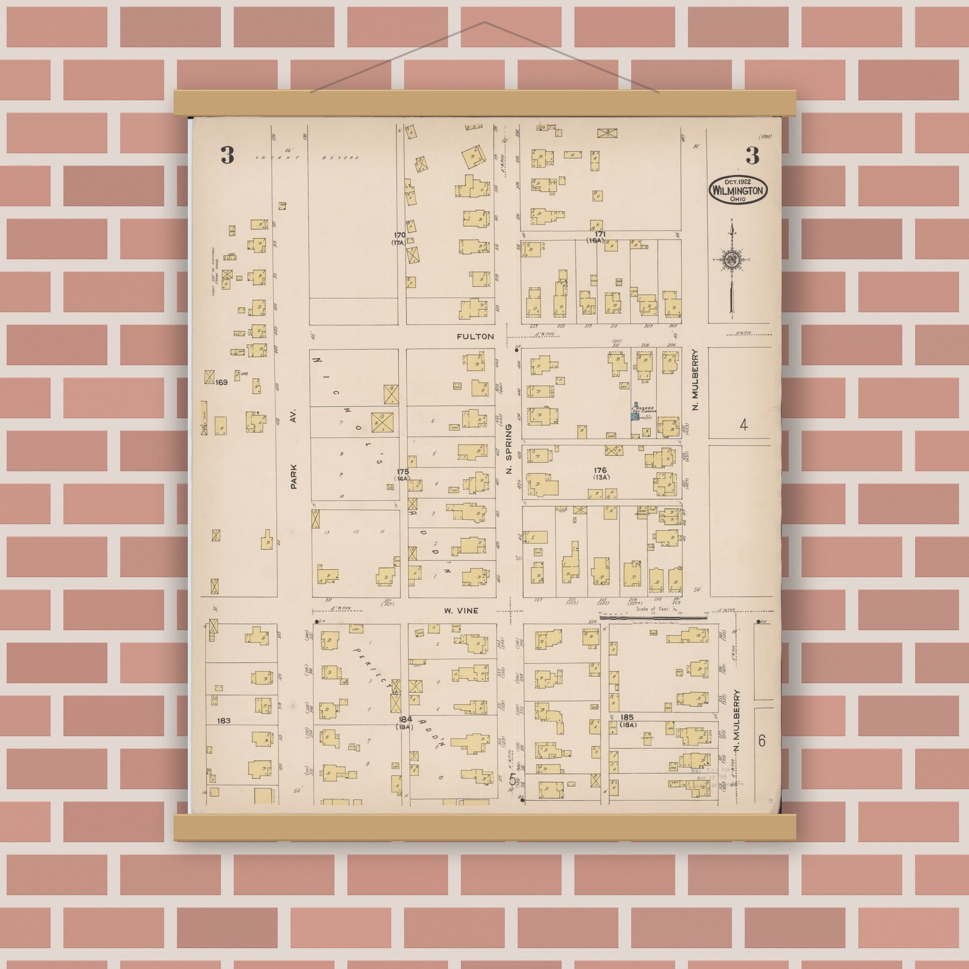 Old map wall art mockup — magnetic wood frame on brick wall — Sanborn Fire Insurance Map from Wilmington, Clinton County, Ohio (1922), Sheet #0003