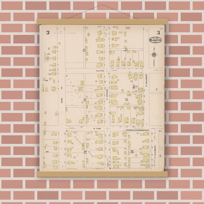 Old map wall art mockup — magnetic wood frame on brick wall — Sanborn Fire Insurance Map from Wilmington, Clinton County, Ohio (1922), Sheet #0003
