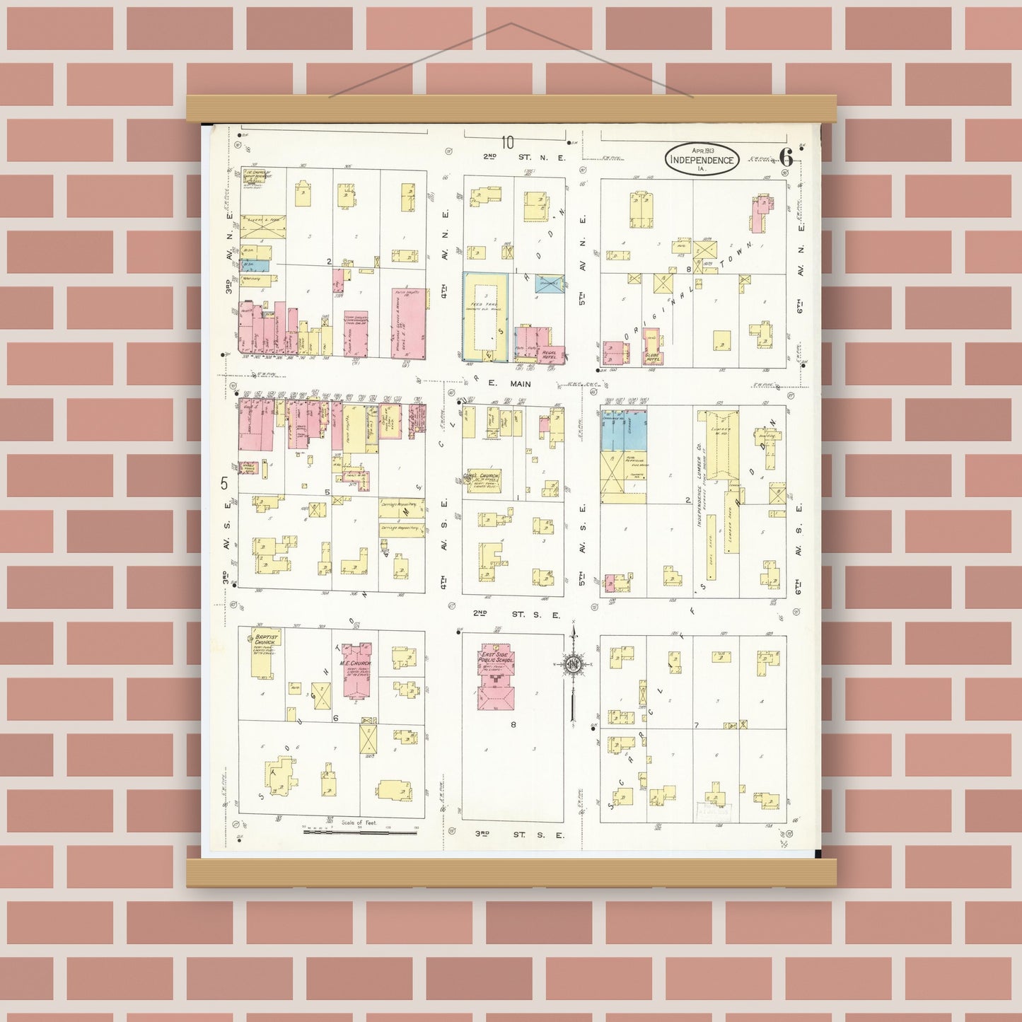 Old map wall art mockup — magnetic wood frame on brick wall — Sanborn Fire Insurance Map from Independence, Buchanan County, Iowa (1913), Sheet #0006