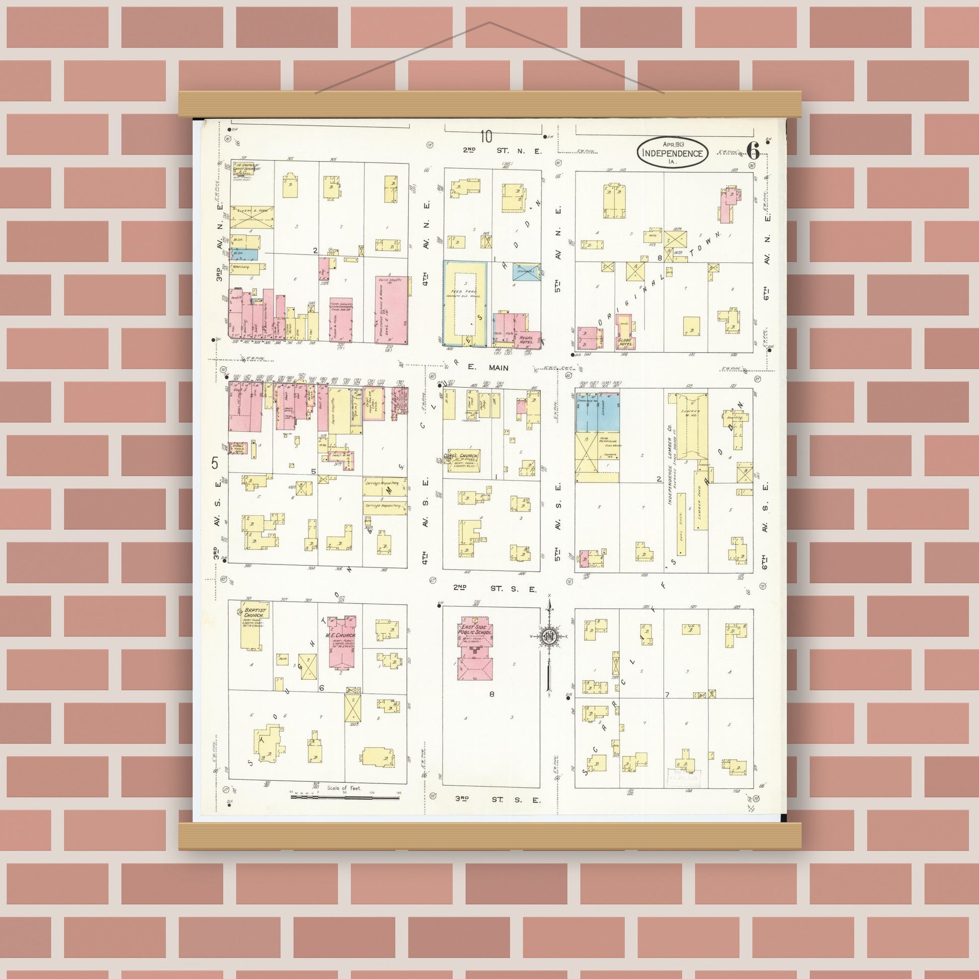 Old map wall art mockup — magnetic wood frame on brick wall — Sanborn Fire Insurance Map from Independence, Buchanan County, Iowa (1913), Sheet #0006