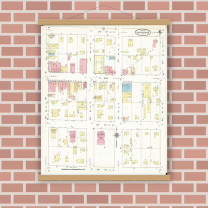 Old map wall art mockup — magnetic wood frame on brick wall — Sanborn Fire Insurance Map from Independence, Buchanan County, Iowa (1913), Sheet #0006