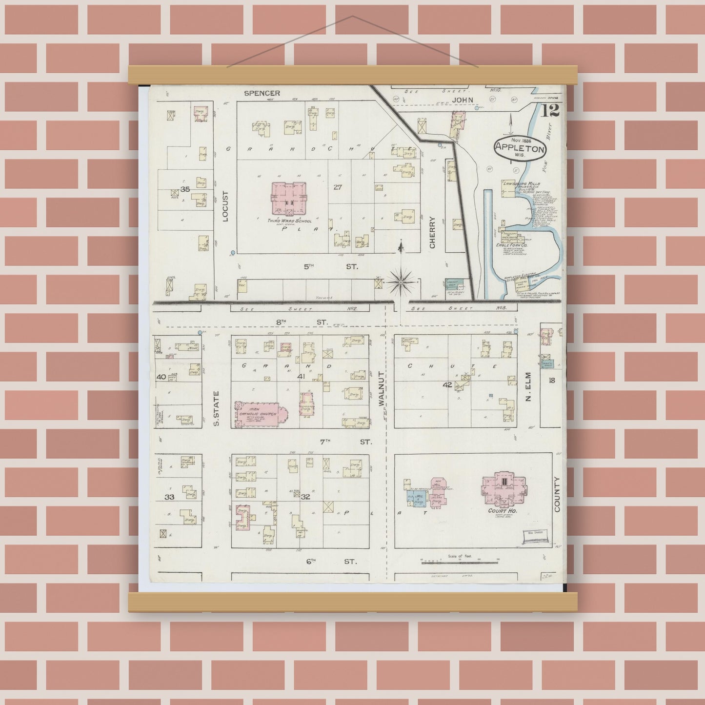 Old map wall art mockup — magnetic wood frame on brick wall — Sanborn Fire Insurance Map from Appleton, Outagamie County, Wisconsin (1886), Sheet #0012