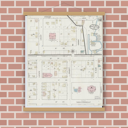 Old map wall art mockup — magnetic wood frame on brick wall — Sanborn Fire Insurance Map from Appleton, Outagamie County, Wisconsin (1886), Sheet #0012