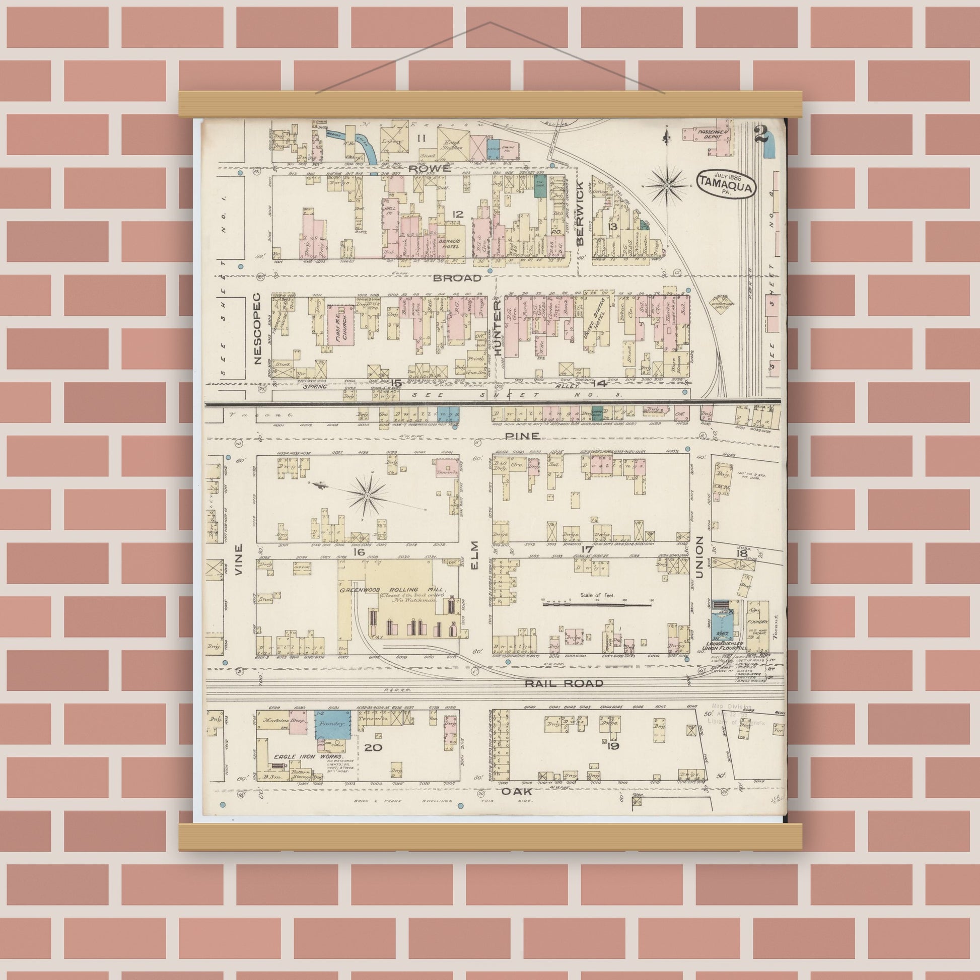 Old map wall art mockup — magnetic wood frame on brick wall — Sanborn Fire Insurance Map from Tamaqua, Schuylkill County, Pennsylvania (1885), Sheet #0002