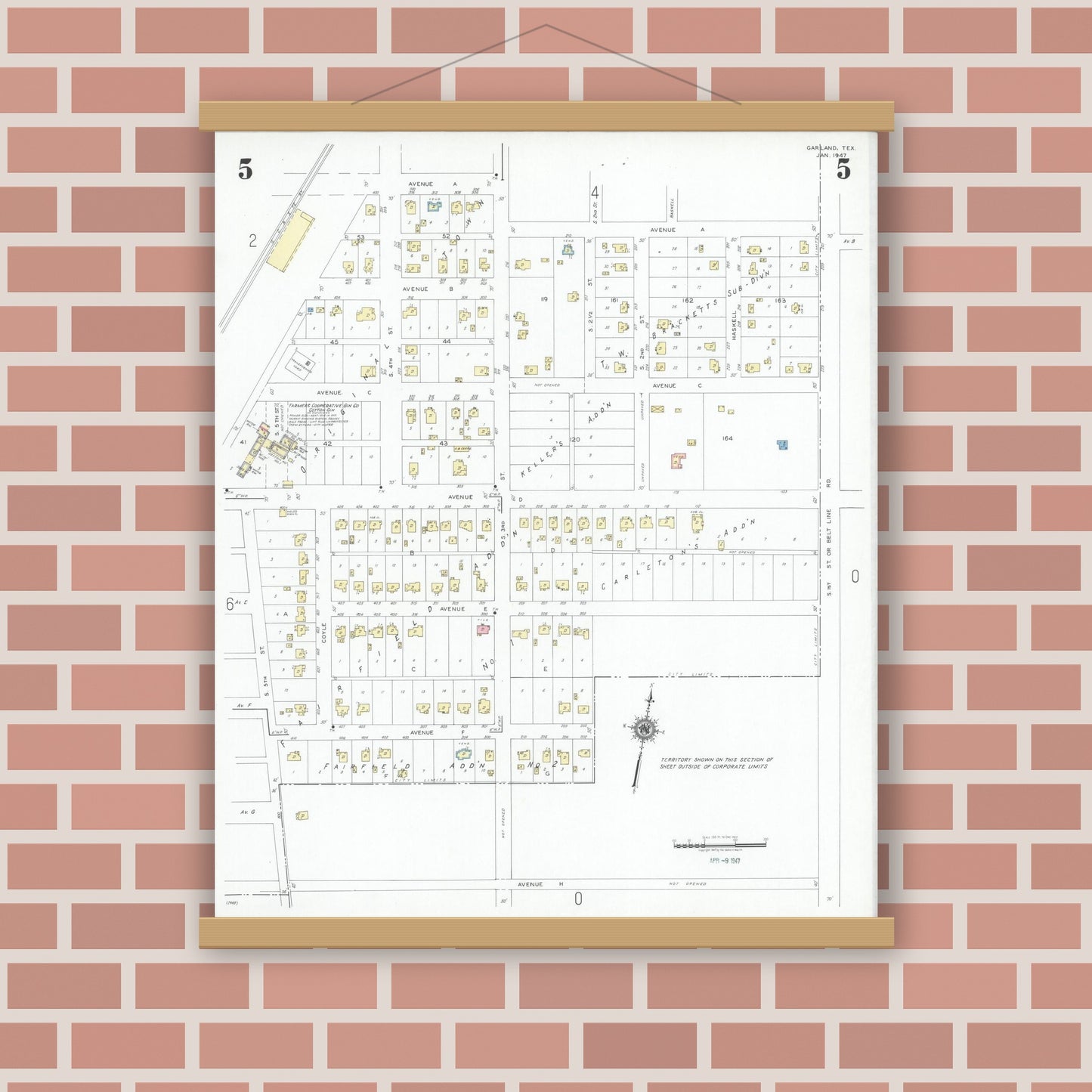 Old map wall art mockup — magnetic wood frame on brick wall — Sanborn Fire Insurance Map from Garland, Dallas County, Texas (1947), Sheet #0005