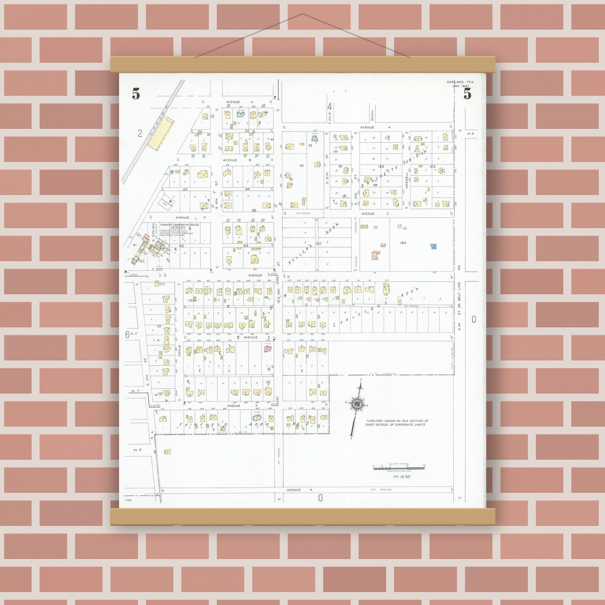 Old map wall art mockup — magnetic wood frame on brick wall — Sanborn Fire Insurance Map from Garland, Dallas County, Texas (1947), Sheet #0005