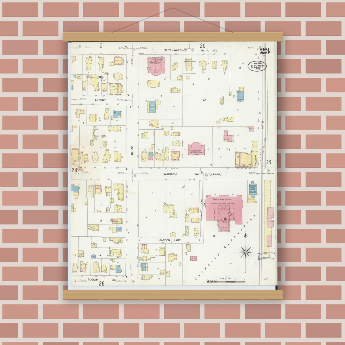 Old map wall art mockup — magnetic wood frame on brick wall — Sanborn Fire Insurance Map from Beloit, Rock County, Wisconsin (1908), Sheet #0023