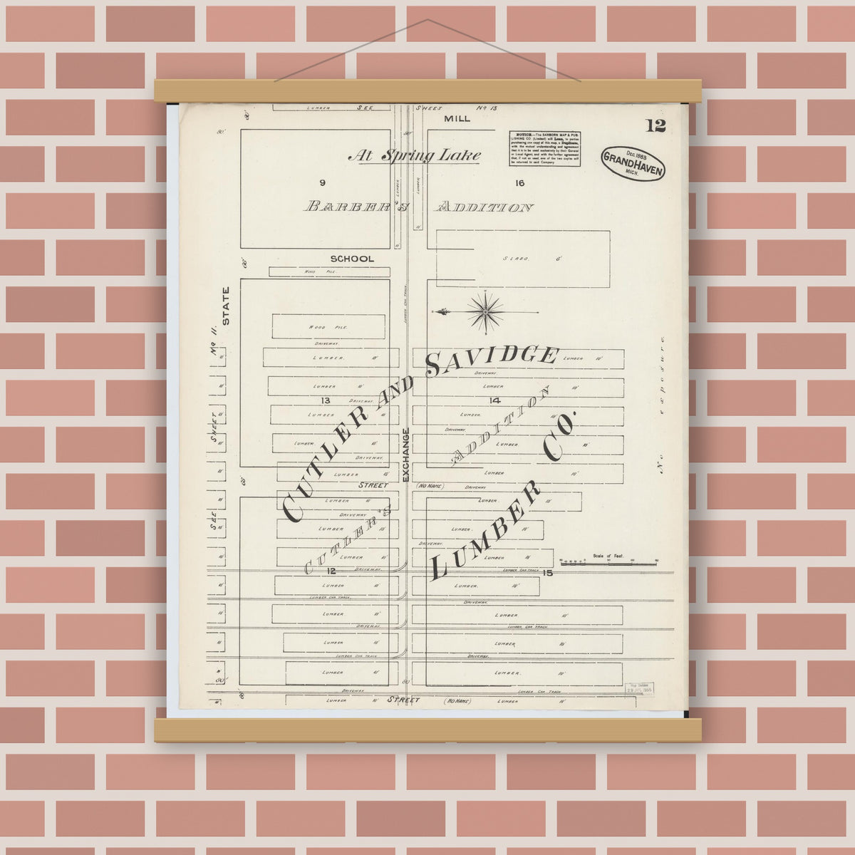 Old map wall art mockup — magnetic wood frame on brick wall — Sanborn Fire Insurance Map from Grand Haven, Ottawa County, Michigan (1883), Sheet #0012