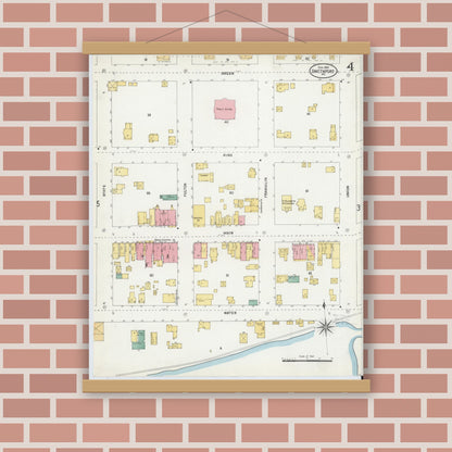 Old map wall art mockup — magnetic wood frame on brick wall — Sanborn Fire Insurance Map from Smethport, McKean County, Pennsylvania (1903), Sheet #0004