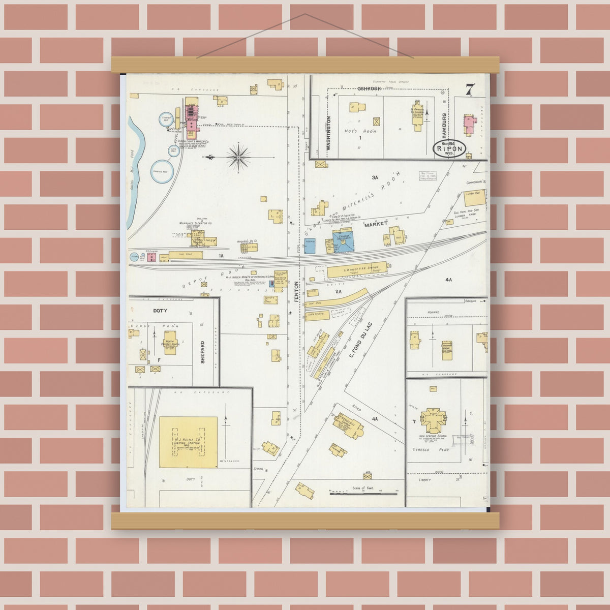 Old map wall art mockup — magnetic wood frame on brick wall — Sanborn Fire Insurance Map from Ripon, Fond du Lac County, Wisconsin (1904), Sheet #0007