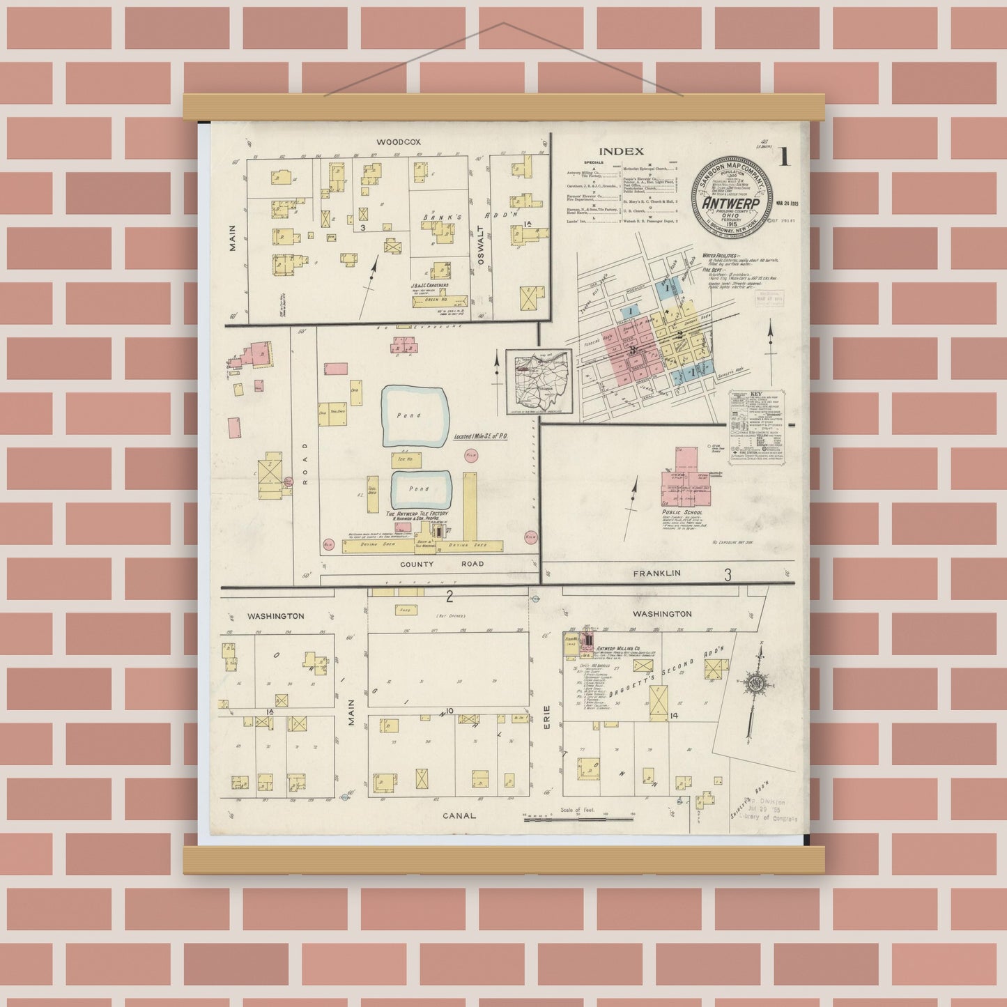 Old map wall art mockup — magnetic wood frame on brick wall — Sanborn Fire Insurance Map from Antwerp, Paulding County, Ohio (1915) - Complete Map Set